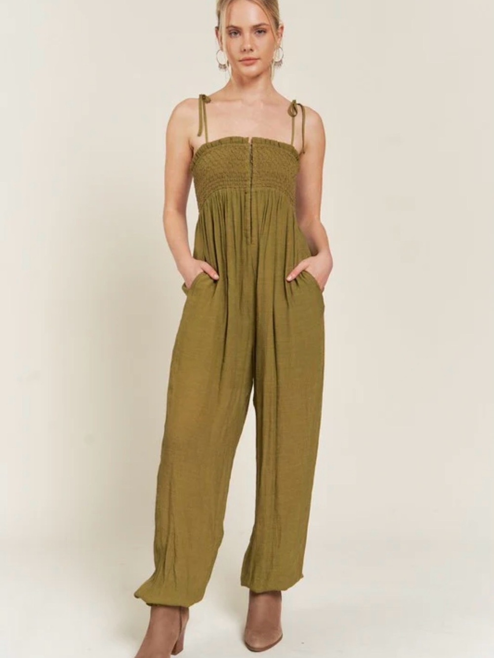 NWT Smocked Woven Strappy Jumpsuit